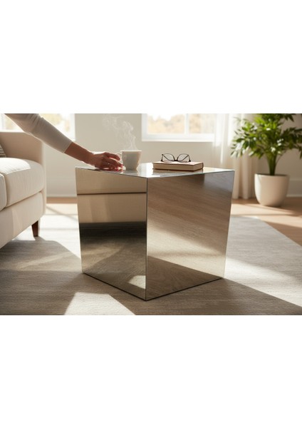 Modern Ayna Efektli Paslanmaz Çelik Küp Sehpa – El Yapımı Lüks Yan Sehpa (31X31 Cm) indirimleri