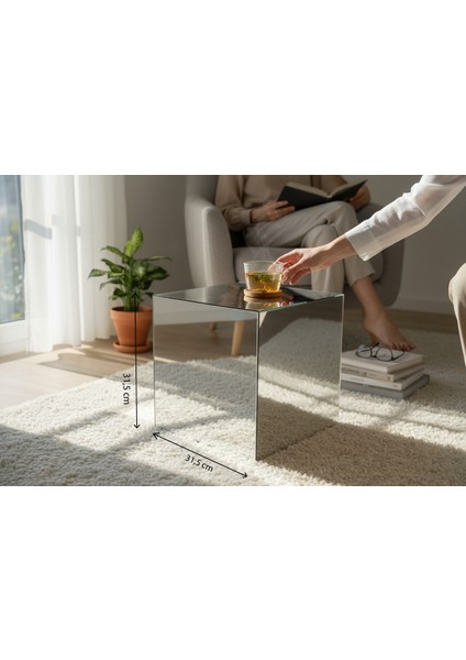 Modern Ayna Efektli Paslanmaz Çelik Küp Sehpa – El Yapımı Lüks Yan Sehpa (31X31 Cm)