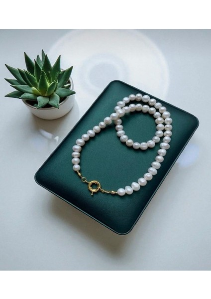 45CM Sertifikalı Doğal Beyaz Inci Kolye - Gemici Dümen Kilit - 8 mm