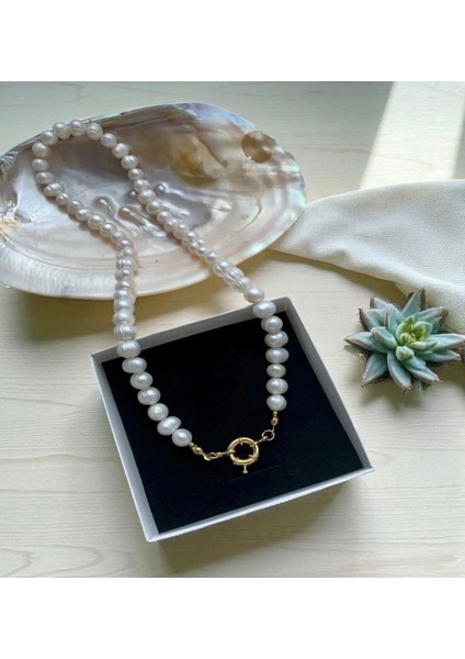 45CM Sertifikalı Doğal Beyaz Inci Kolye - Gemici Dümen Kilit - 8 mm fiyatları