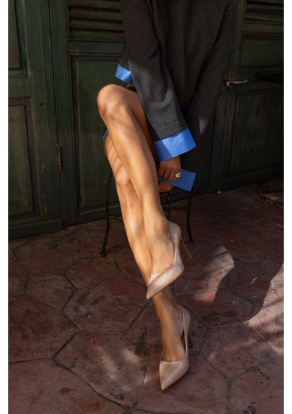 Moli Kadın Bej Topuklu Stıletto Galvaniz Ökçe Topuklu Ayakkabi