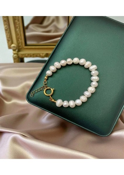 Gerçek Doğal Beyaz Inci Kadın 7-8 mm Bileklik Çelik ve Altın Kaplama Bağlantı Aparatlı