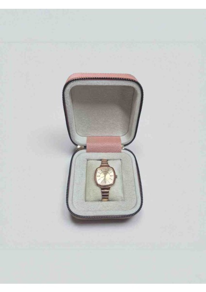 Şık Ahşap Deri Kaplama Saat Kutusu | 11×11×5 cm | Fermuarlı Takı & Saat Saklama Kutusu