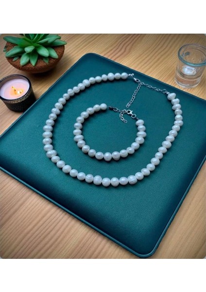 40CM 925 Ayar Sertifikalı Gümüş Doğal 8mm Inci Kolye Bileklik Set - 40CM 7cm Uzatma