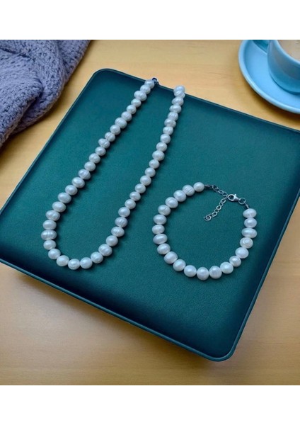 40CM 925 Ayar Sertifikalı Gümüş Doğal 8mm Inci Kolye Bileklik Set - 40CM 7cm Uzatma fiyatları