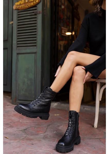 Commut Kadın Siyah Gercek Deri Postal Bot