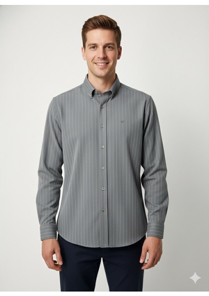 Erkek Örme Çizgili Uzun Kol Gömlek