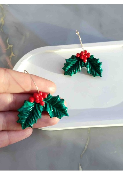 El Yapımı Kokina Yılbaşı Çiçeği Yeşil Tasarım Küpe - Şık ve Gösterişli, Yılbaşı, Hediye modelleri