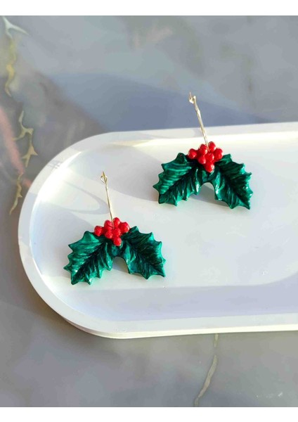 El Yapımı Kokina Yılbaşı Çiçeği Yeşil Tasarım Küpe - Şık ve Gösterişli, Yılbaşı, Hediye fırsatları