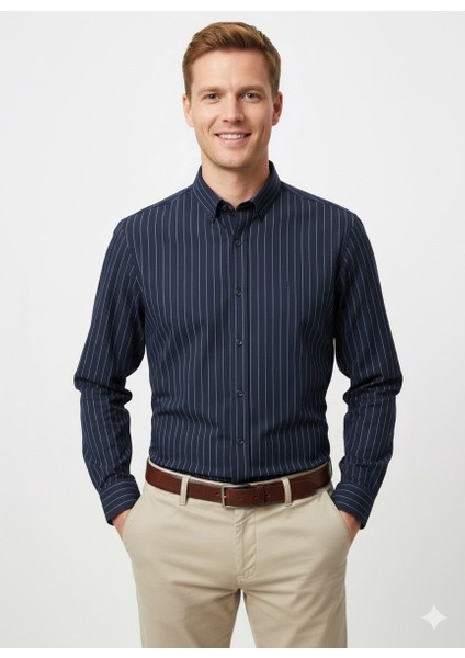 Erkek Örme Çizgili Uzun Kol Gömlek