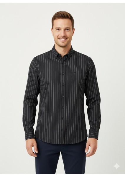 Erkek Örme Çizgili Uzun Kol Gömlek