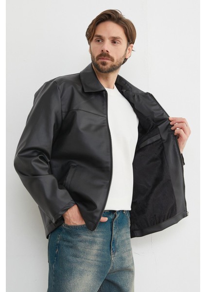 Gömlek Yaka Içi Peluş Astar Suni Deri Ceket