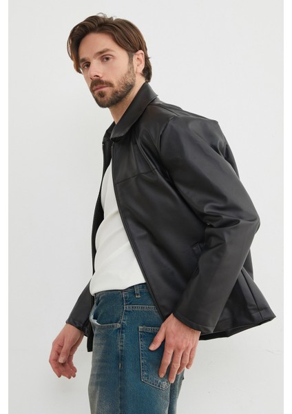 Gömlek Yaka Içi Peluş Astar Suni Deri Ceket