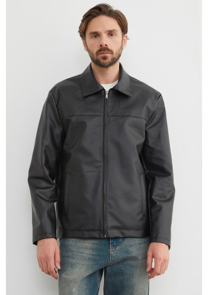 Gömlek Yaka Içi Peluş Astar Suni Deri Ceket