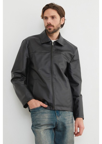 Gömlek Yaka Içi Peluş Astar Suni Deri Ceket