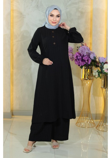 Düğmeli Tesettür Takım Siyah MSW10358-1