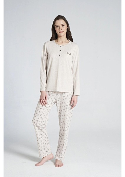 1711 Kadın Düğmeli Yaka Uzun Kollu Pijama Takım