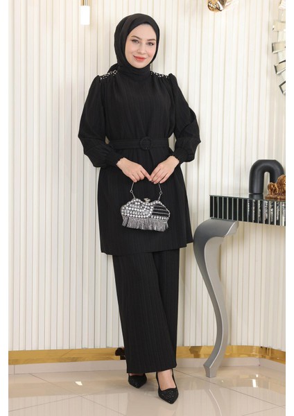 Taş Detaylı Kemerli Takım Siyah MSW19104-1