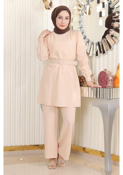 Taş Detaylı Kemerli Takım Bej MSW19104-2