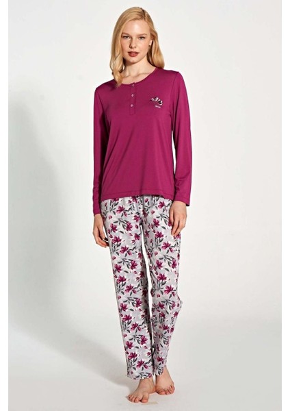 1776 Kadın Uzun Kollu Düğmeli Desenli Rahat Pijama Takım