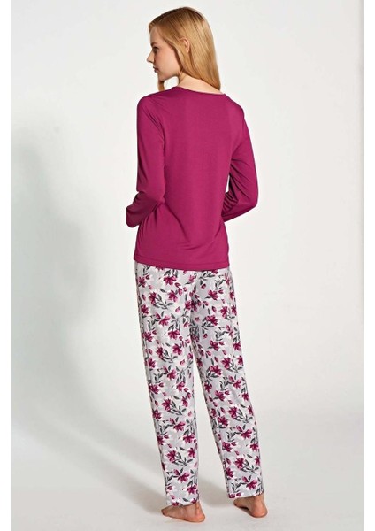 1776 Kadın Uzun Kollu Düğmeli Desenli Rahat Pijama Takım modelleri