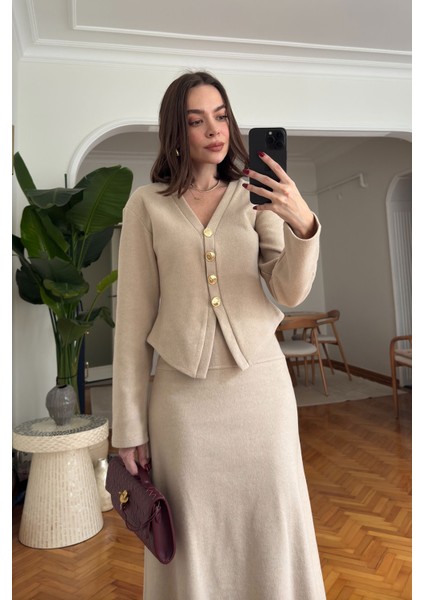 Gold Düğmeli Fitilli Etek Takım- Bej fiyatları