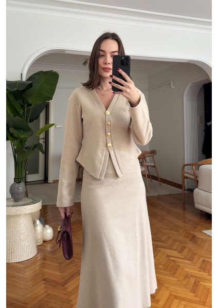 Gold Düğmeli Fitilli Etek Takım- Bej indirimleri