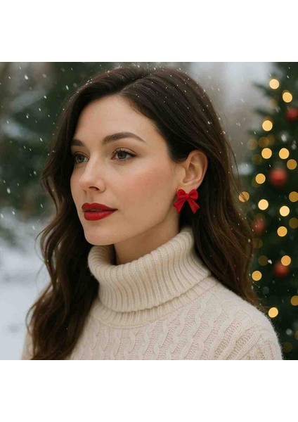 Scarlet Bow El Yapımı Kırmızı Fiyonk Tasarım Küpe - Zarif ve Şık, Yılbaşı, Hediye, Yeniyıl