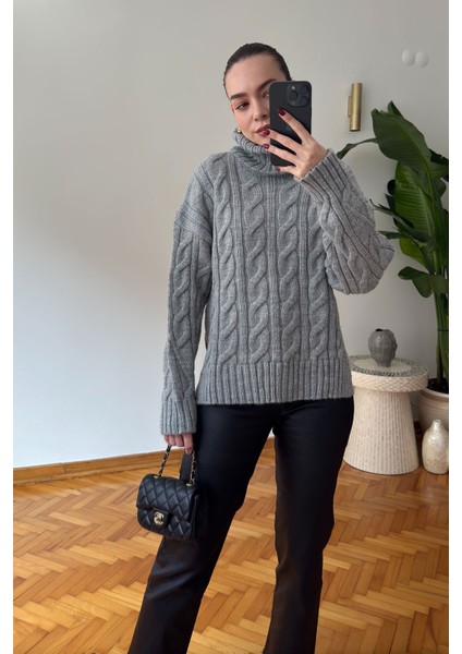 Boğazlı Saç Örgülü Ithal Triko Kazak- Gri indirimleri