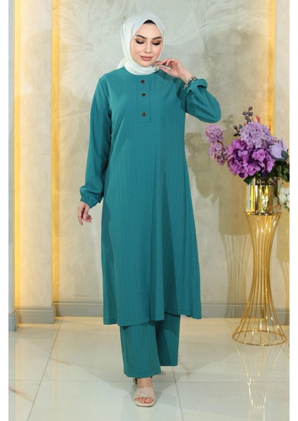 Düğmeli Tesettür Takım Turkuaz MSW10358-7
