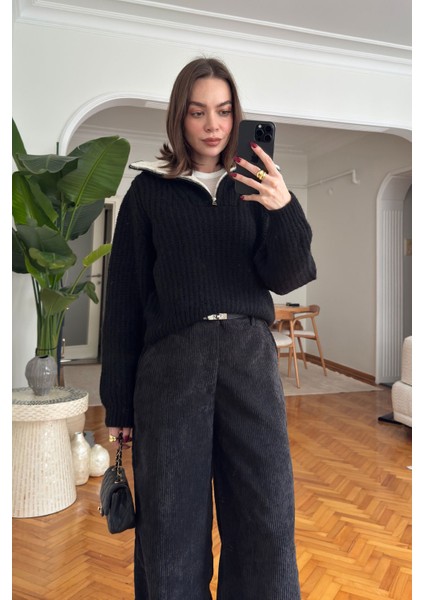 Fermuarlı Renk Geçişli Ithal Triko- Siyah