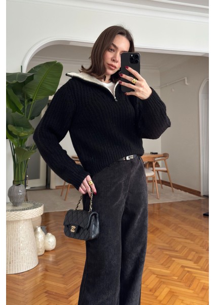 Fermuarlı Renk Geçişli Ithal Triko- Siyah fırsatları