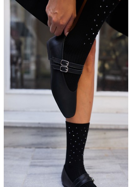 Reyes Kadın Siyah Leopar Detaylı Gercek Deri Babet modelleri