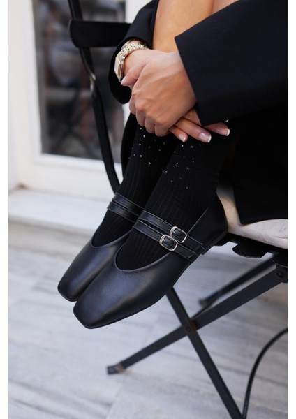 Reyes Kadın Siyah Leopar Detaylı Gercek Deri Babet