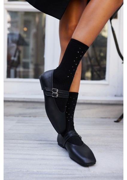 Reyes Kadın Siyah Leopar Detaylı Gercek Deri Babet