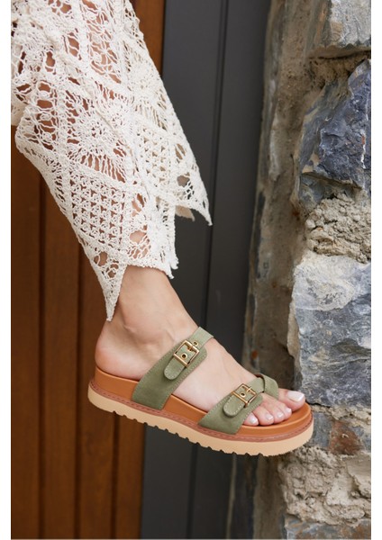 Neretto Kadın Yeşil Gercek Deri Suet Parmak Arası Detay Terlık indirimleri