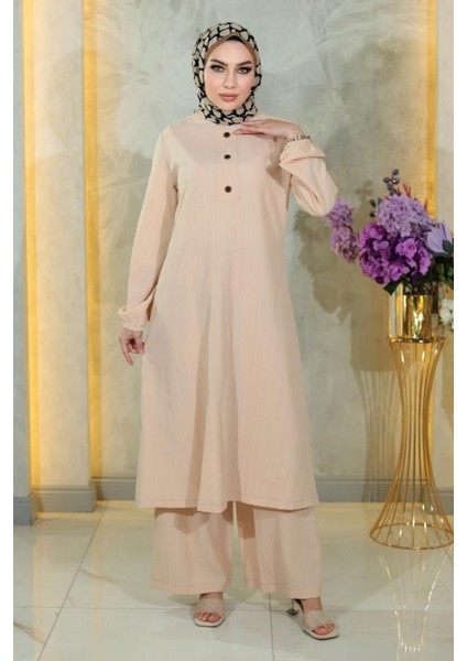 Düğmeli Tesettür Takım Bej MSW10358-3