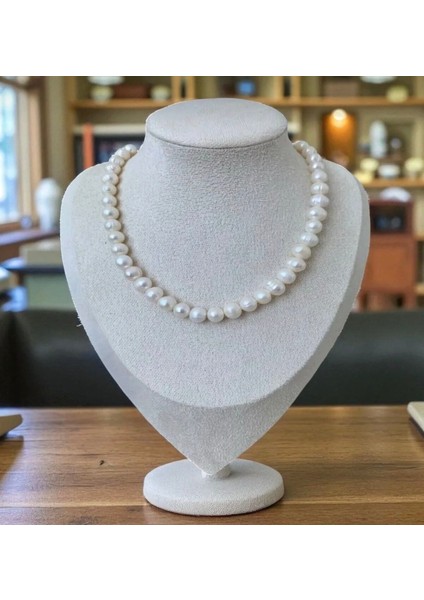 8 mm Sertifikalı Doğal Inci Kolye - Çelik Aparat - 55CM 5cm Uzatma Zinciri