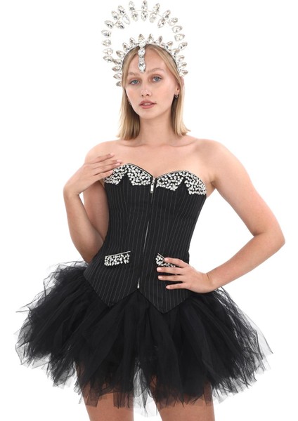 Siyah Taşlı El Yapımı Elegant Korse – Halloween Black Swan Korse