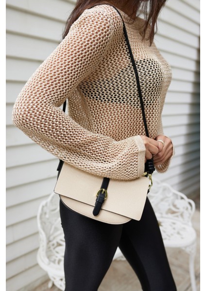 Kate Kadın Bej Siyah Garnili Kapaklı Omuz Çanta fiyatları