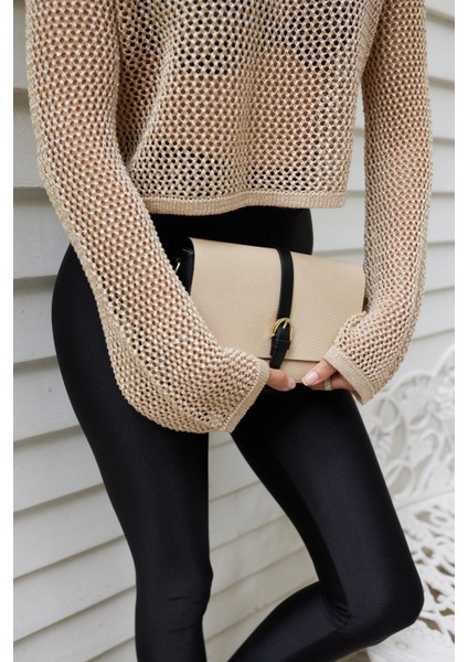 Kate Kadın Bej Siyah Garnili Kapaklı Omuz Çanta modelleri
