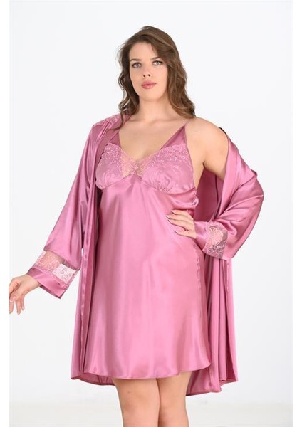 Büyük Beden 2li Gülkurusu Sabahlık Takımı Bigsize 6204