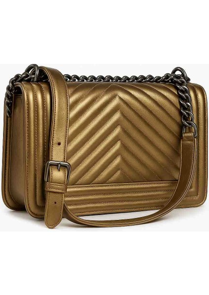 Altın Renk Kapitone Desenli Zincir Askılı Kadın Omuz Çantası