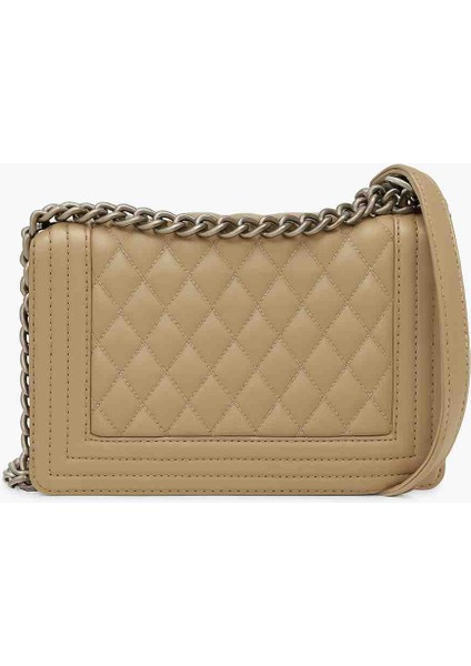 Bej Renk Kapitone Desenli Zincir Askılı Kadın Omuz Çantası