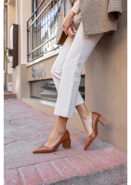 Barbara Kadın Taba Mat Deri Kalın Topuklu Ayakkabi