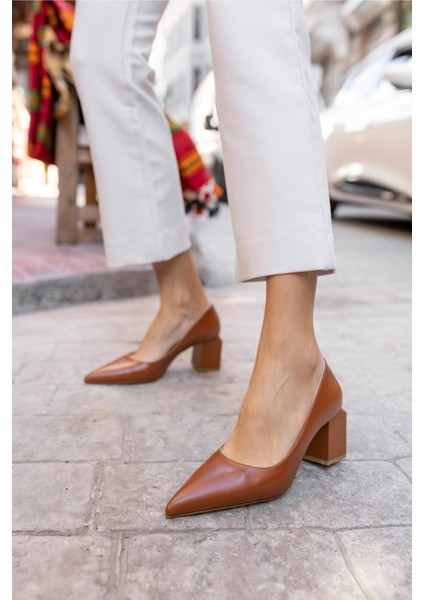 Barbara Kadın Taba Mat Deri Kalın Topuklu Ayakkabi