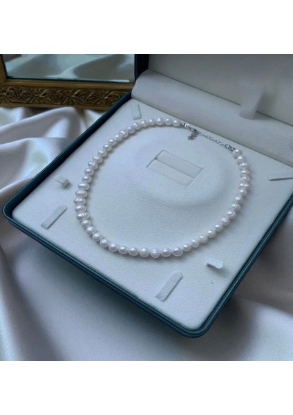 925 Ayar Gümüş Doğal 8mm Inci Kolye - 40 cm 7 cm Uzatma