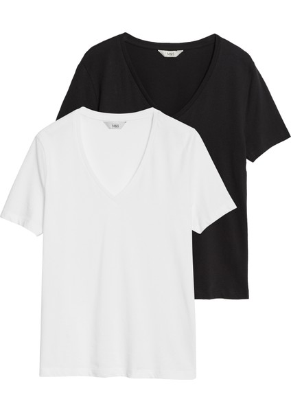 2'li %100 Pamuk V Yaka T-Shirt Seti