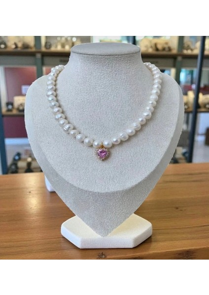 Doğal 8mm Inci Kolye Çelik Aparat Pembe Zirkon Kalp Charm