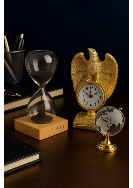 Koleksiyonluk Ihtişamlı Altın Renkli Kartal Heykeli Masa Saati Cam Dünya Küre ve Kum Saati Hediye fiyatları